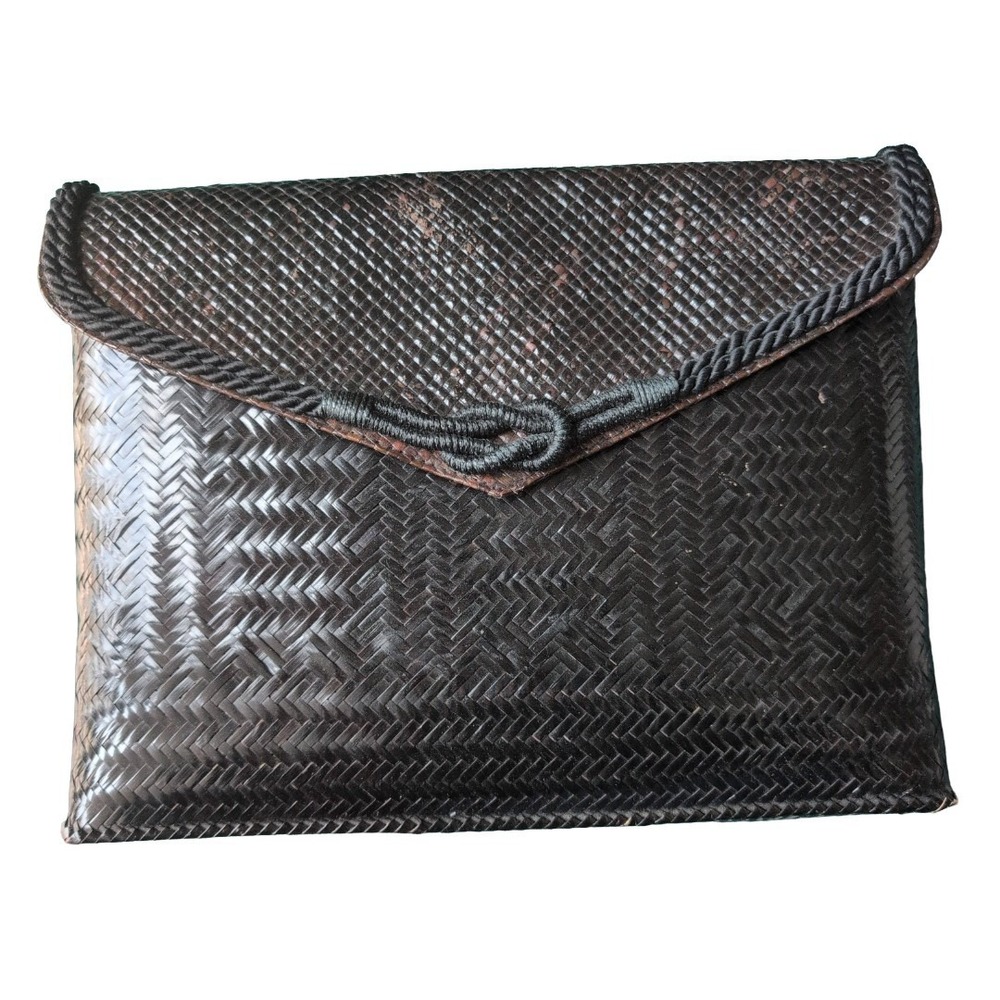 Vintage 1980s Black Wicker Envelope Clutch With Rope Embellishment Flaws